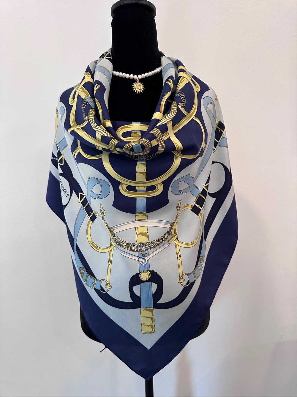 Hermes Silk Scarf Blue White Hand Rolled Made in France